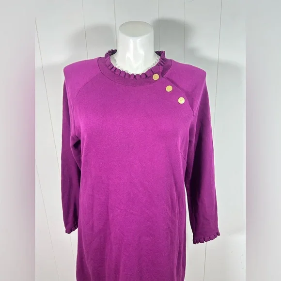 Talbots Sz XL Ruffle Neck Midi Sweater Dress W/ Shoulder Buttons Long Sleeve - Picture 2 of 11